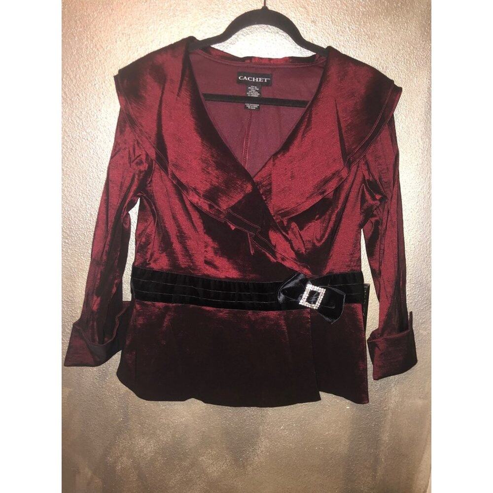 Cachet Wedding New Years Party Red Black Faux Wrap  Evening Pullover 3/4 Sleeve